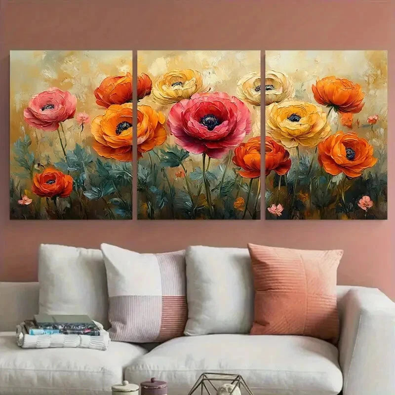 3pcs Ranunculus Flowers Textured Illustration Metal Print Ready to Hang Art
