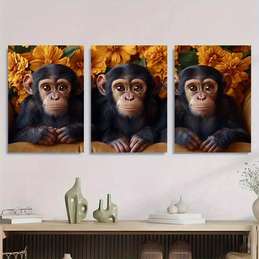 3pcs Funny Monkey Trio Golden Flowers Metal Print Ready to Hang Art