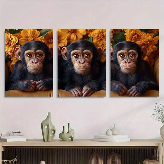 3pcs Funny Monkey Trio Golden Flowers Metal Print Ready to Hang Art