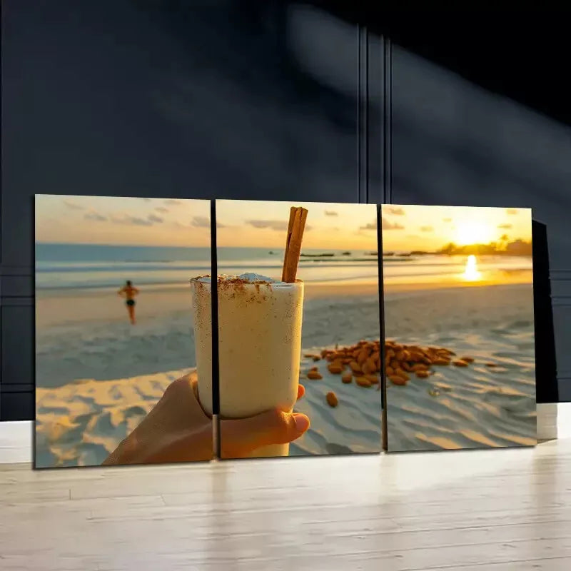 3pc Sunset Beach Scene with Drink and Vanilla Beans   Wall Art Set Canvas Framed 50x70cm - High Quality Print 100% Australian Made Wall Canvas Ready to Hang - Bella Home Decor