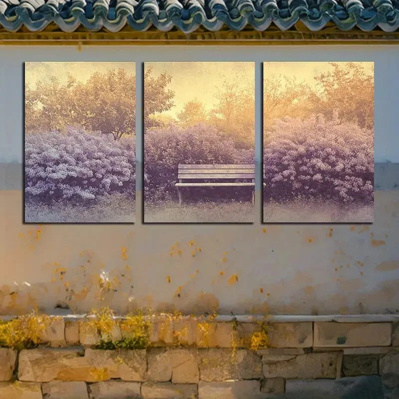 3pcs The Purple Bench in The Forest Neutral Design Metal Print Ready to Hang Art