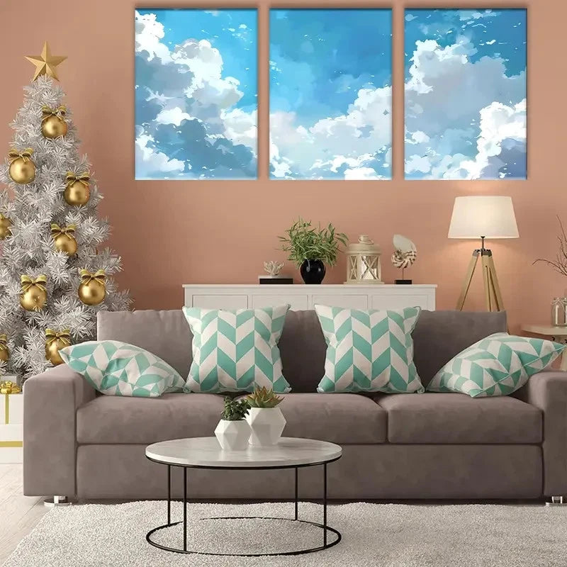 3pcs Painting Blue Sky & White Clouds Metal Print Ready to Hang Art