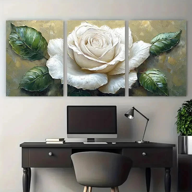 3pcs White Rose with Green Leaves Modern Spring Metal Print Ready to Hang Art