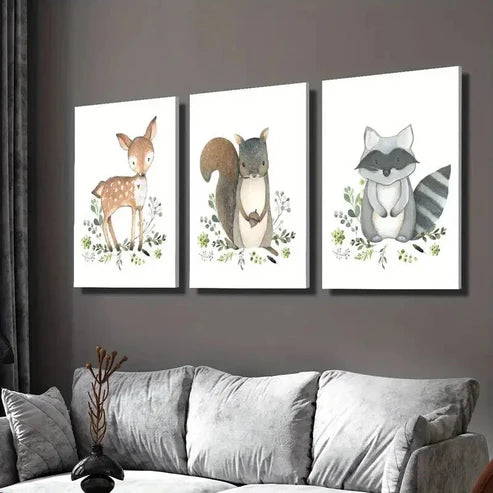 3pcs Cute Baby Deer Squirrel Raccoon Wall Art Set Canvas Unframed - High Quality Print 100% Australian Made Wall Canvas