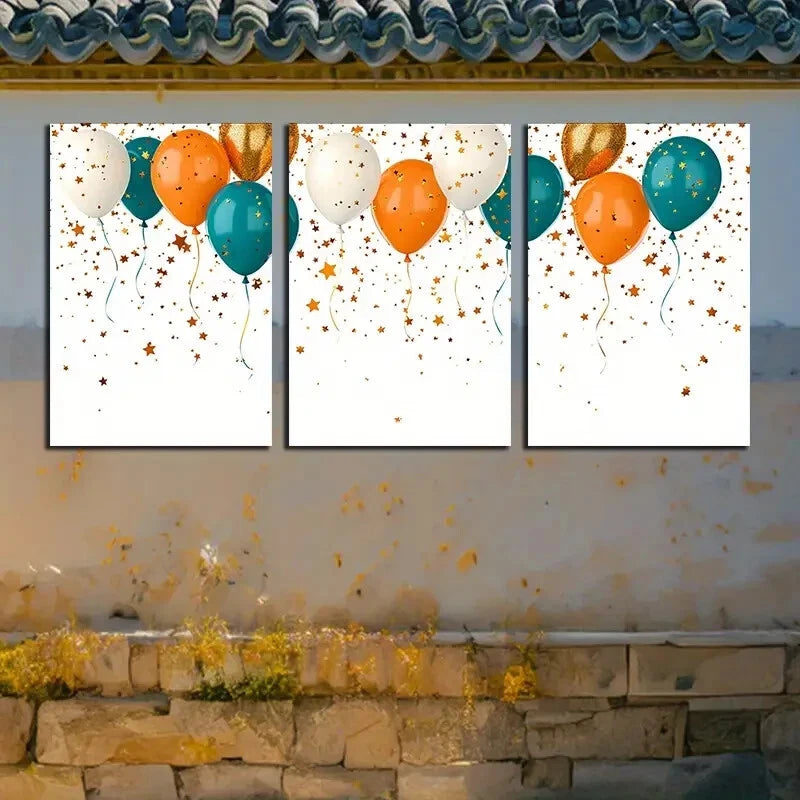 3pcs Vibrant Golden Star and Balloon Design Metal Print Ready to Hang Art