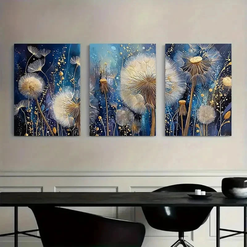 3pcs Floral Nature Scene with Dandelions Metal Print Ready to Hang Art