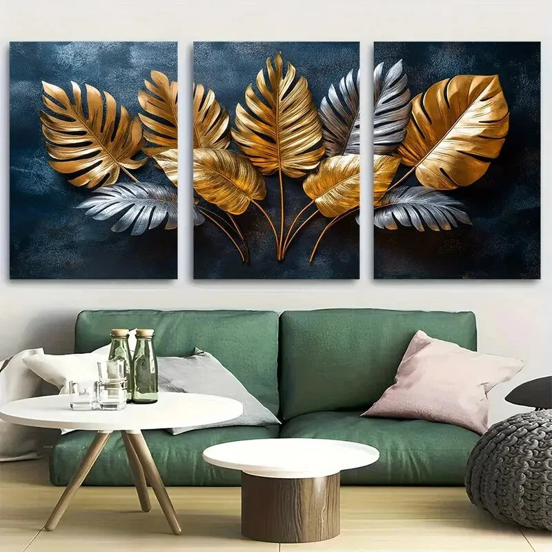 3pcs Golden Tropical Leaf Luxury Botanical Design Metal Print Ready to Hang Art