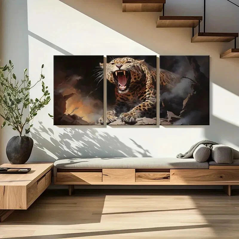 3pcs Raging Leopard Fiery Animal Art Metal Print Ready to Hang Art
