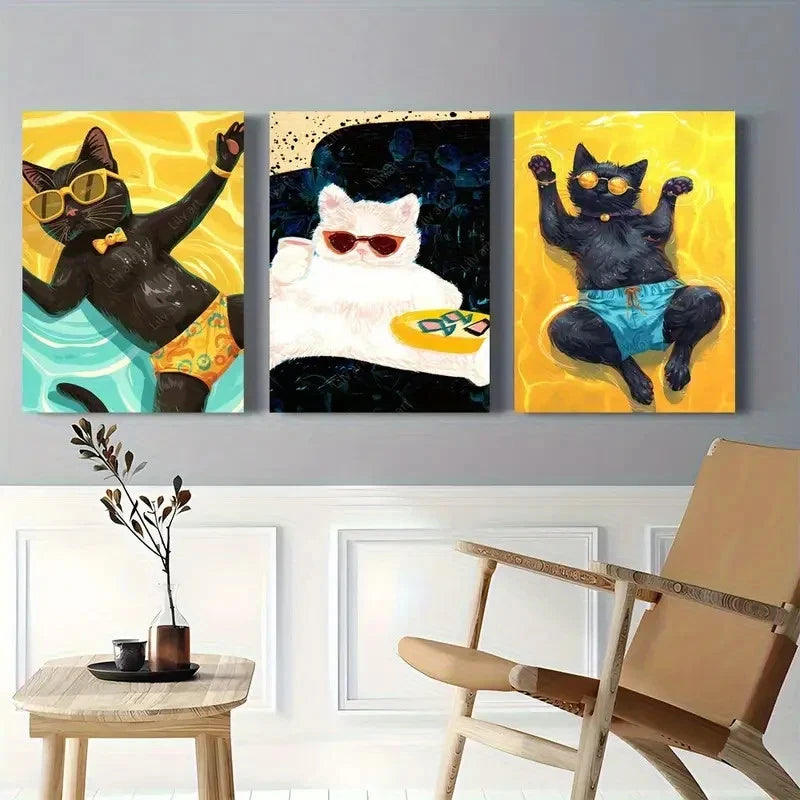 3pcs Fun Cat with Stylish Glasses and Swim Trunks Metal Print Ready to Hang Art