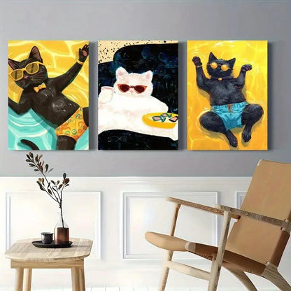 3pcs Fun Cat with Stylish Glasses and Swim Trunks Metal Print Ready to Hang Art