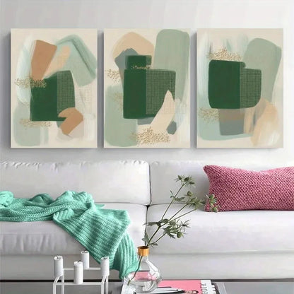 3pcs Green Beige & White Brush Strokes Metal Print Ready to Hang Art
