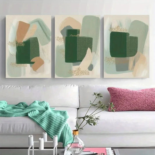 3pcs Green Beige & White Brush Strokes Metal Print Ready to Hang Art