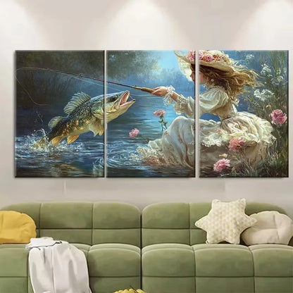 3pcs Victorian Girl and Fish Art Print Metal Print Ready to Hang Art