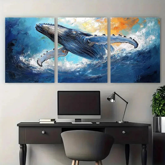3pcs Humpback Whale Impasto Ocean Design Wall Art Set Canvas Framed 50x70cm - High Quality Print 100% Australian Made Wall Canvas Ready to Hang