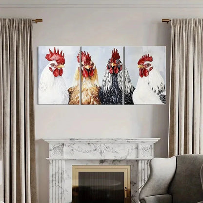 3pcs Roosters Vibrant Colors Detailed Feathers Metal Print Ready to Hang Art