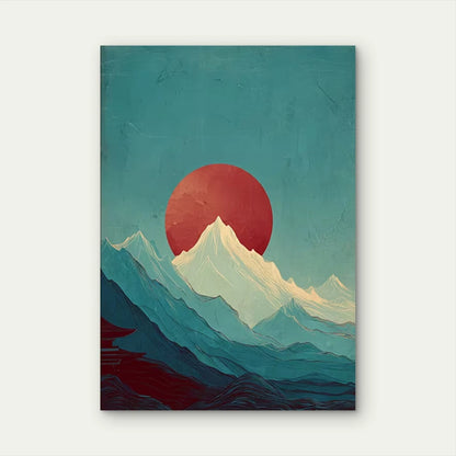 Blue & Red Sun/Moon Mountain Landscape, Metal Print Ready to Hang