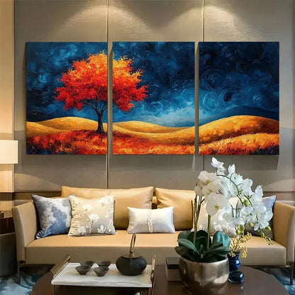 3pcs Vibrant Red Tree Against Dark Sky Nature Metal Print Ready to Hang Art