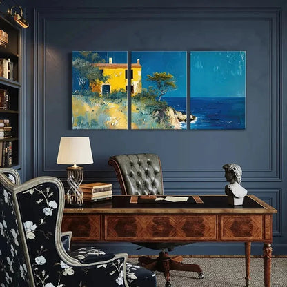 3pcs Artistic Coastal Landscape Yellow House Metal Print Ready to Hang Art