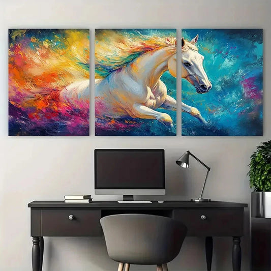 3pcs Vibrant Equine with Colorful Highlights Metal Print Ready to Hang Art
