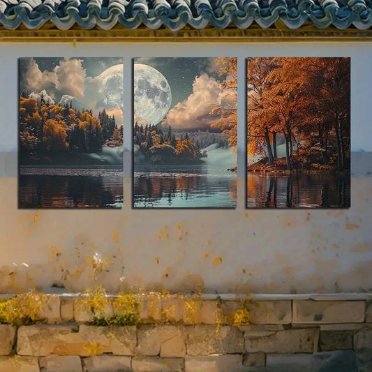 3pcs Full Moon in The Sky Over An Autumn Forest Metal Print Ready to Hang Art