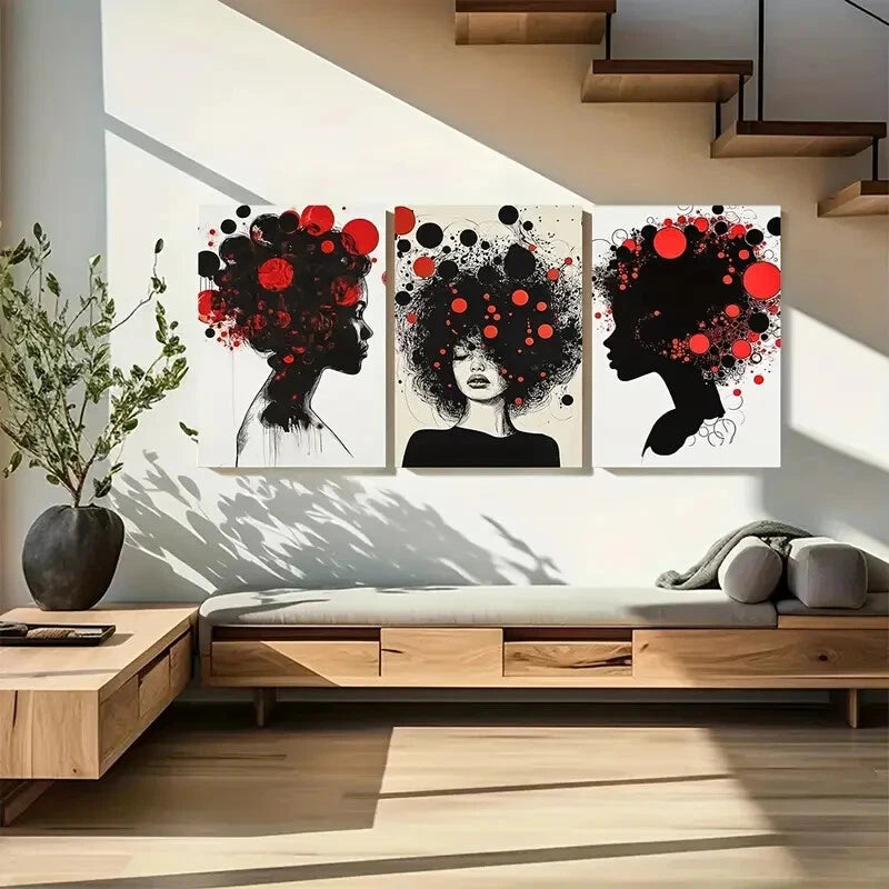 3pcs Abstract Beautiful African Girl Black Fashion Metal Print Ready to Hang Art
