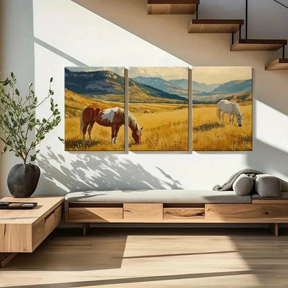 3pcs Rustic Horse and Mountain Landscape Metal Print Ready to Hang Art