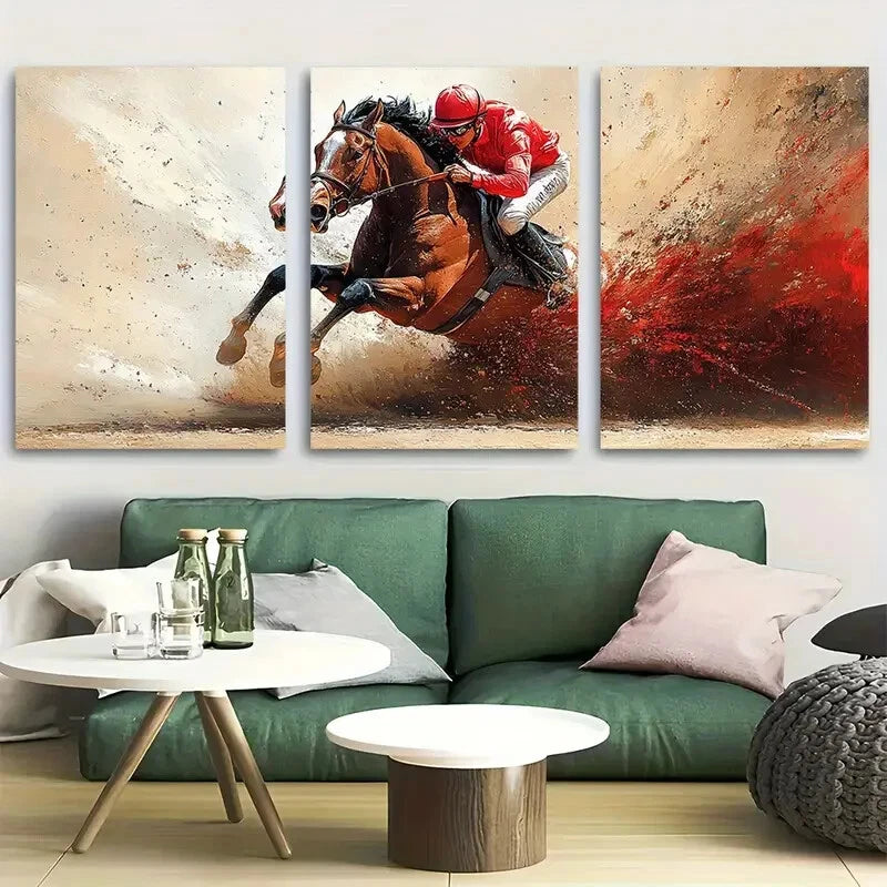 3pcs Dynamic Jockey and Racehorse Metal Print Ready to Hang Art