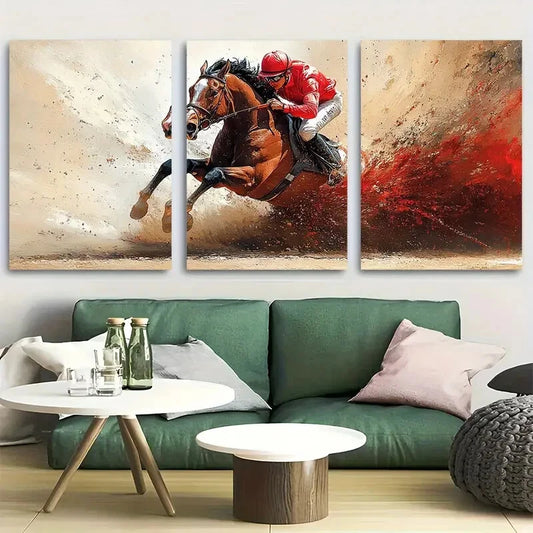 3pcs Dynamic Jockey and Racehorse Metal Print Ready to Hang Art