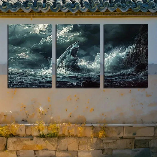 3pcs Furious Shark in Ocean Vortex Metal Print Ready to Hang Art