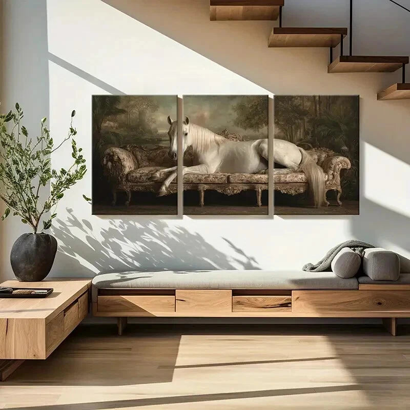 3pcs Elegant White Horse on Ornate Sofa Posters Metal Print Ready to Hang Art