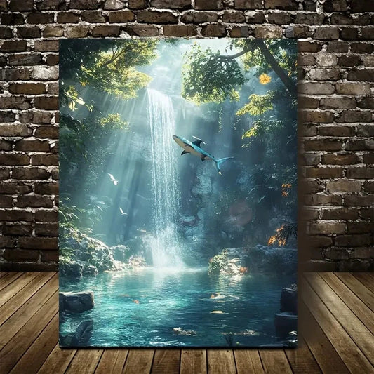 Dreamlike Shark & Crystal Waterfall Painting 40x60cm Metal Print Ready to Hang