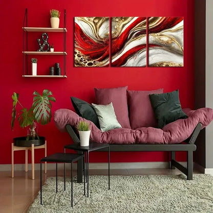 3pcs Red and Gold Plated, Modern Metal Print Ready to Hang Art