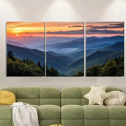 3pcs Smoky Mountains Landscape Vibrant Sunset Metal Print Ready to Hang Art