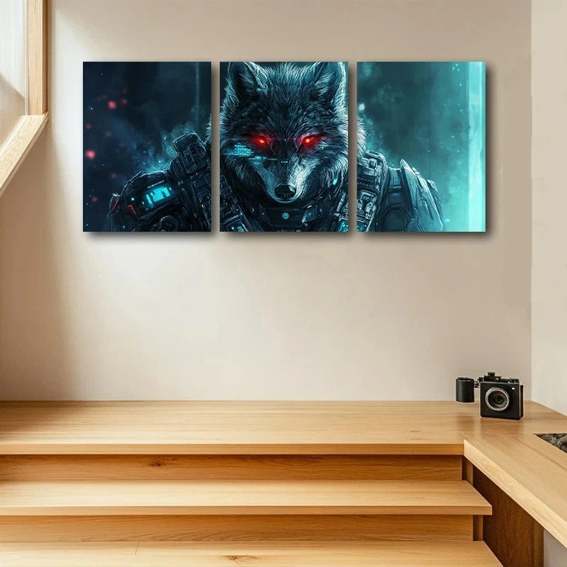 3pcs Painting Wolf Red Eyes Animal Themed Metal Print Ready to Hang Art