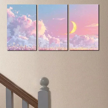 3pcs Crescent Moon and Clouds Canvas Framed 60X90cm - High Quality Print 100% Australian Made Wall Canvas Ready to Hang