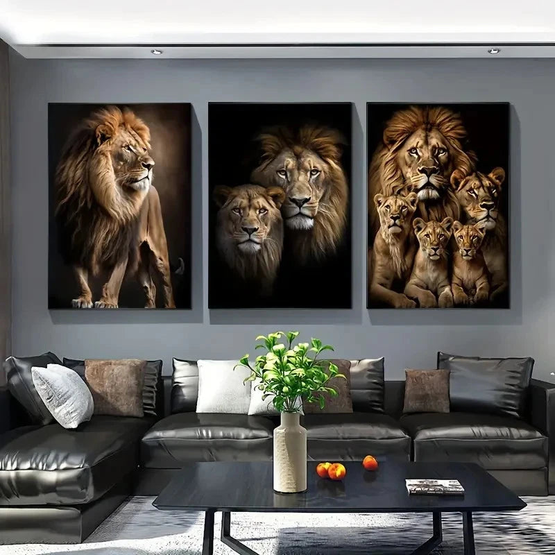 3pcs Lioness & Cubs Painting Metal Print Ready to Hang Art