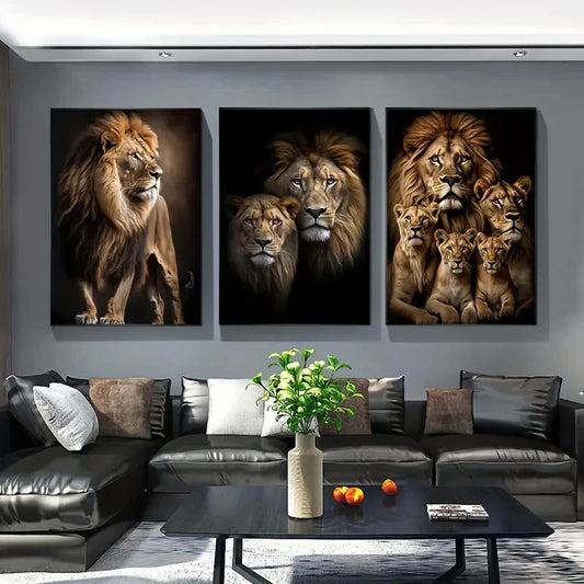 3pcs Lioness & Cubs Painting Metal Print Ready to Hang Art
