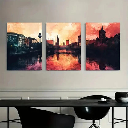 3pcs Berlin Watercolor Vibrant Cityscape Metal Print Ready to Hang Art