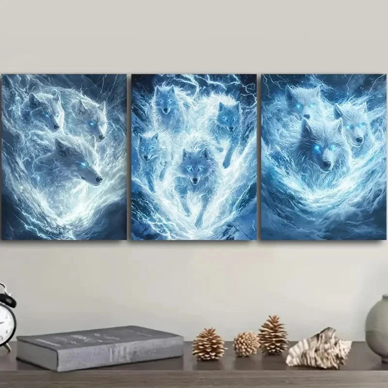 3pcs Featuring White Wolves Paintings Metal Print Ready to Hang Art