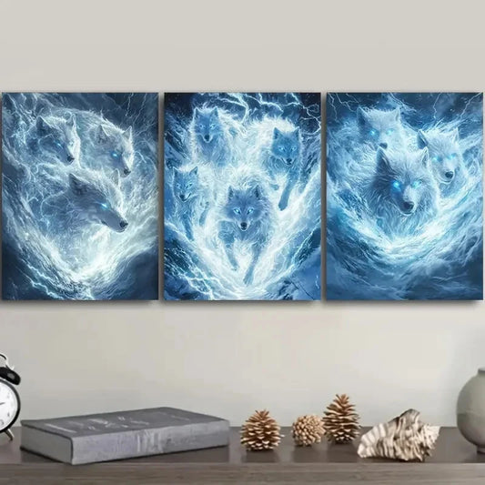 3pcs Featuring White Wolves Paintings Metal Print Ready to Hang Art