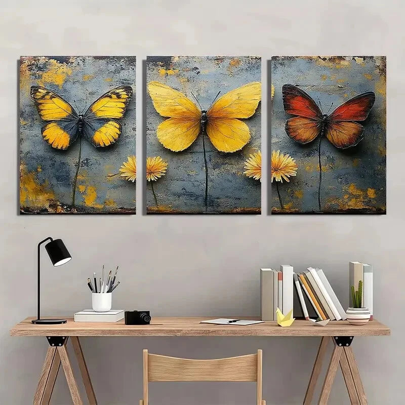 3pcs Rustic Vintage Grey Floral and Butterfly Metal Print Ready to Hang Art