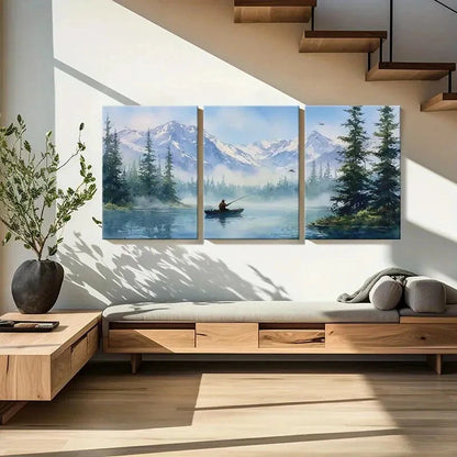 3pcs Alpine Lake Fishing Scene Tranquil Nature Metal Print Ready to Hang Art