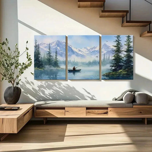 3pcs Alpine Lake Fishing Scene Tranquil Nature Metal Print Ready to Hang Art