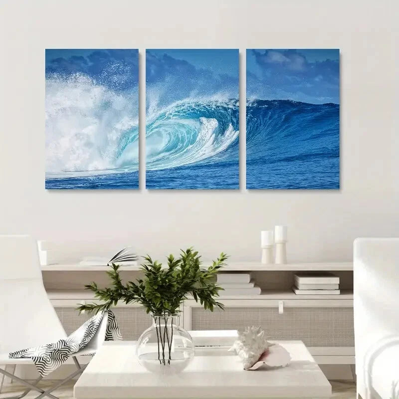 3pcs Modern Ocean Wave Blue Themed Metal Print Ready to Hang Art