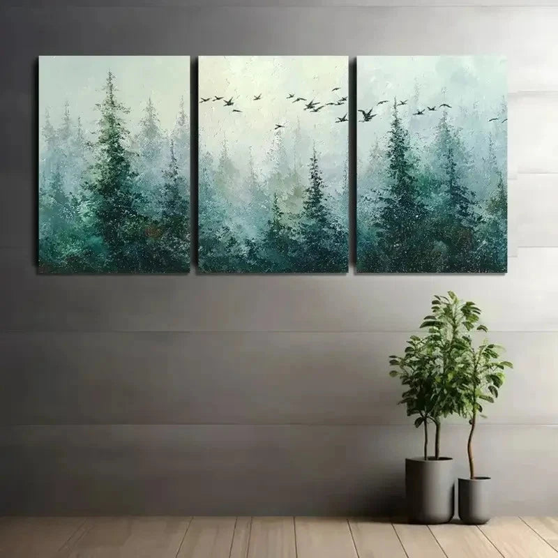 3pcs Forest with Pine Trees And Flying Birds Metal Print Ready to Hang Art