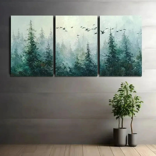 3pcs Forest with Pine Trees And Flying Birds Metal Print Ready to Hang Art