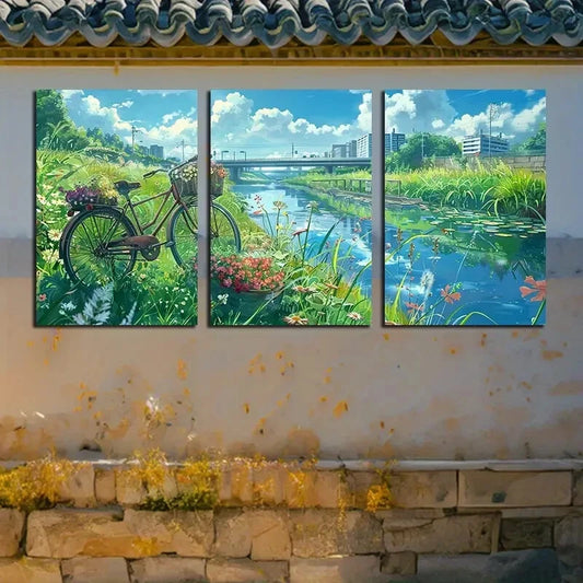 3pcs Vibrant Bicycle & Floral Scenery Design Metal Print Ready to Hang Art