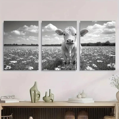 3pcs Black & White Cow in Blooming Daisies Metal Print Ready to Hang Art