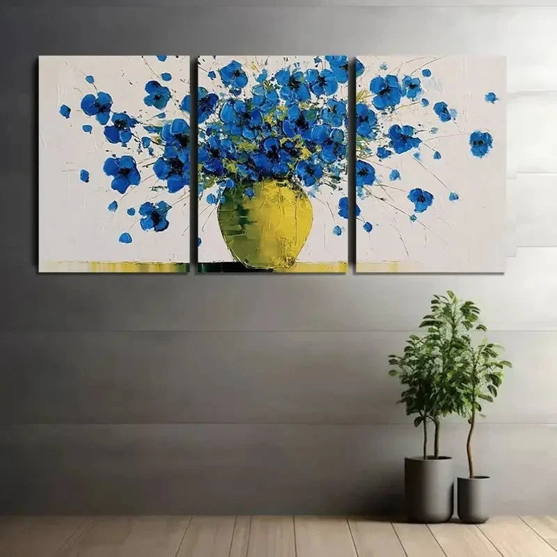 3pcs Blue Flowers in Yellow Vase Art Painting Metal Print Ready to Hang Art