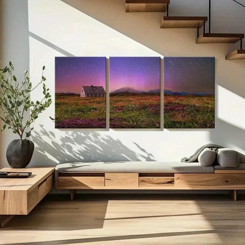 3pcs Starry Night Scene Grassland & Cabin Wall Art Set Canvas Framed 40x60cm - High Quality Print 100% Australian Made Wall Canvas Ready to Hang